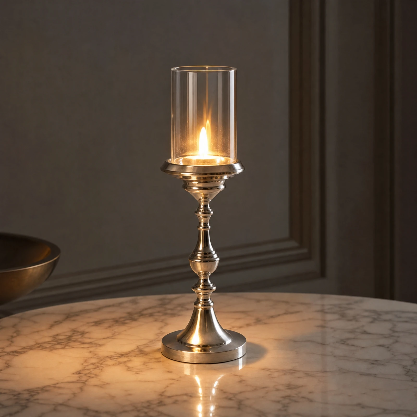 Aluminum and Glass Candlestick Holder Slim Candle Holder with Reflective Metal Base Modern Vintage-Inspired
