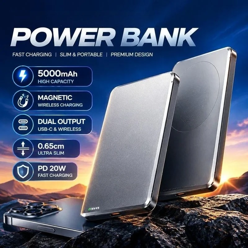 Ultra-thin Magnetic Wireless Power Bank 5000mAh PD20W Fast Charging Aluminum Alloy Compact Mobile Power Supply