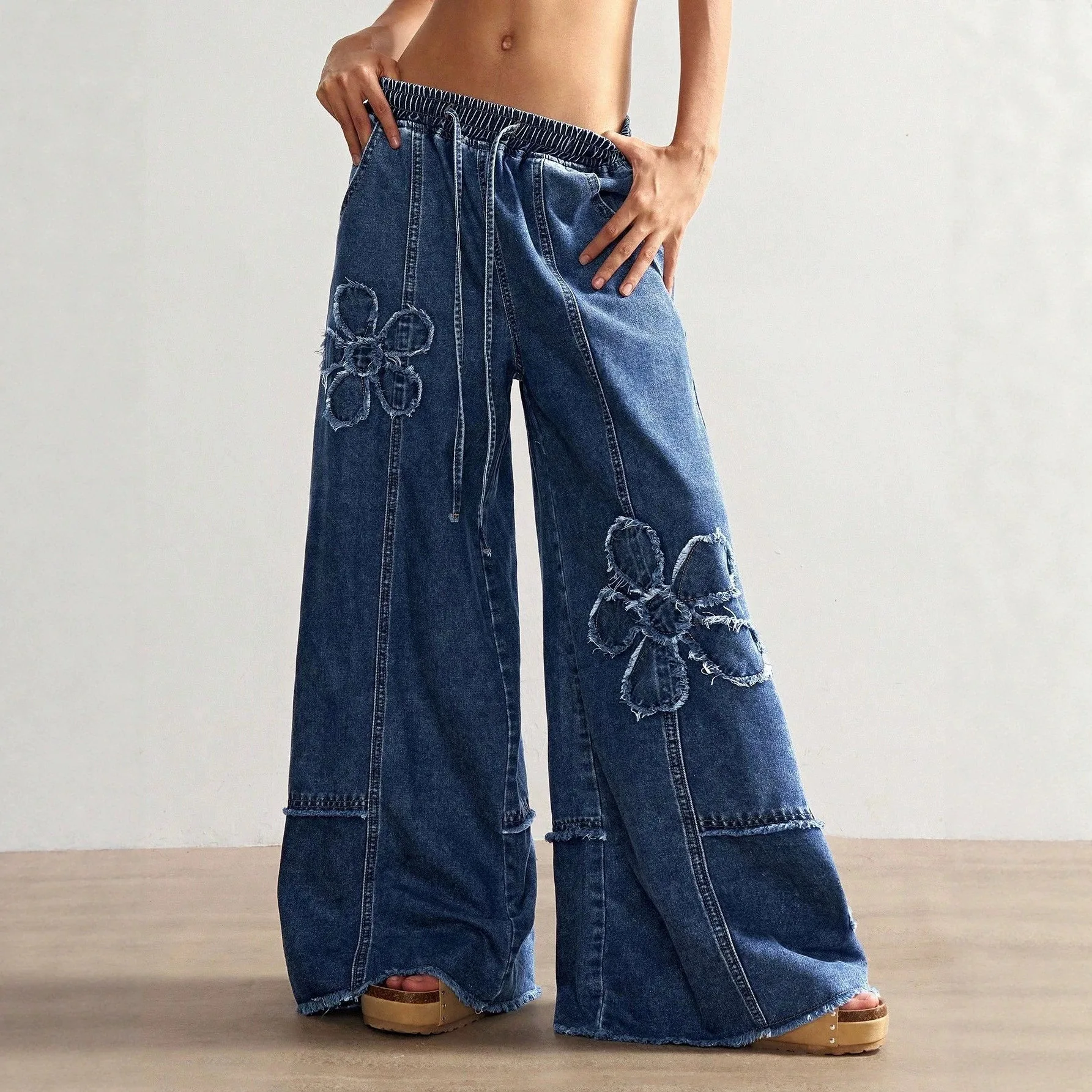 Jeans For Woman Y2k Clothes Embroidery Wide Leg Denim Pants Loose Fashion Simple Stretch Free Four Seasons Popular Casual