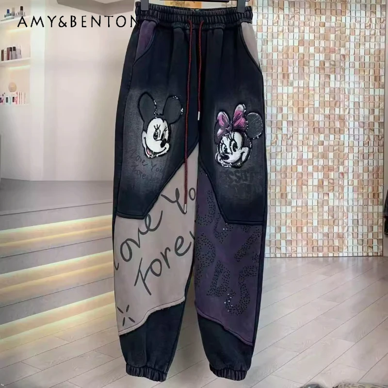 

Trendy Brand Fleece-Lined Heavy Industry Color-Block Cartoon Loose Slimming Casual Jogger Harem Pants Versatile Loose Trousers