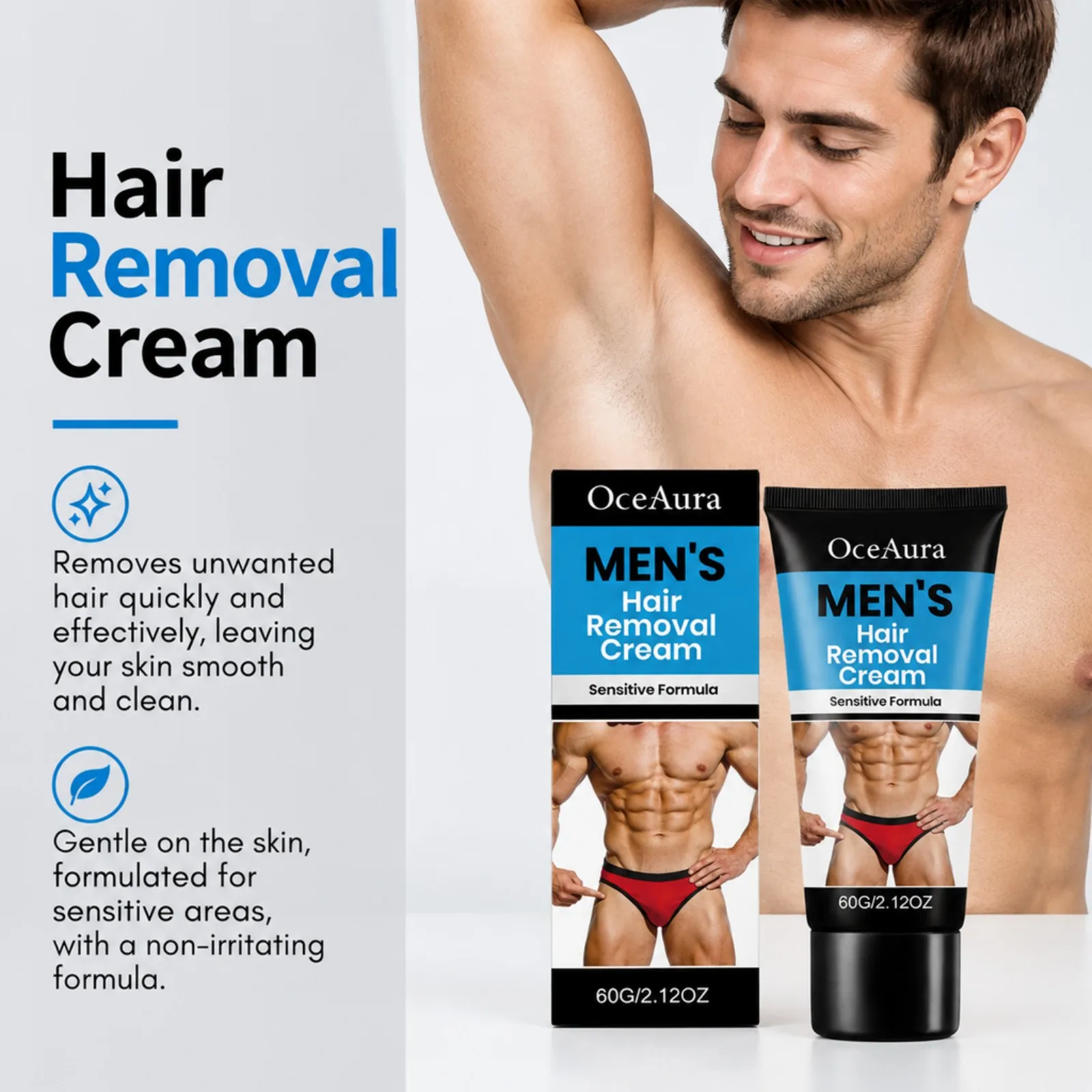 Men Hair Removal Cream 60g Sensitive Formula Painless Depilatory Fast Effective Body Hair Remover for Intimate Areas Gentle Care