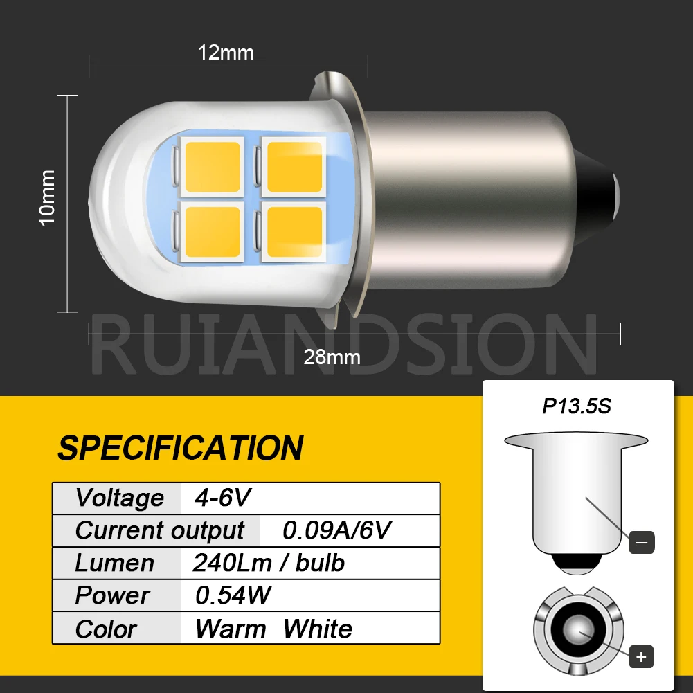 Ruiandsion 2pcs P13.5S LED Bulb White Warm White 2835 8SMD Chips 4.5V 6V LED Bulb Upgrade  Headlamps Flashlights Torch Lights