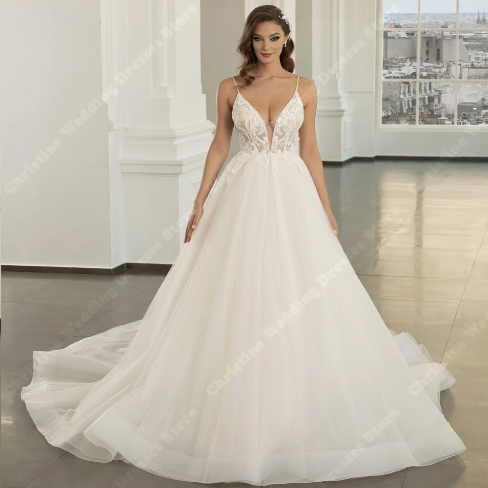 Sexy Deep-V Neck Tulle Wedding Dresses Lace Flower Print A-Line Bridal Gowns Simplicity Mopping Length Vestidos De Novias 2024