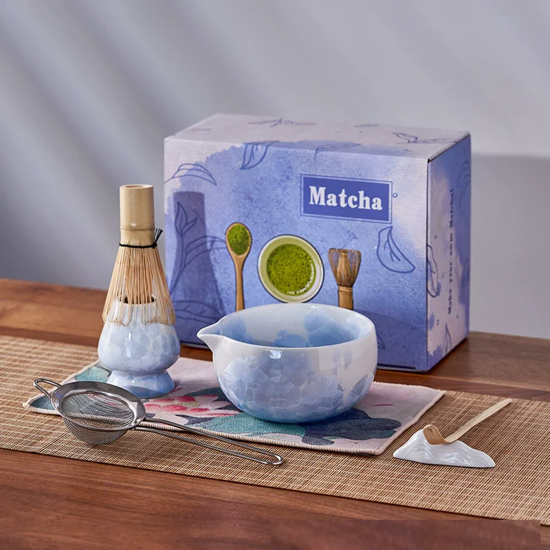 Matcha Set with Ice Crackle Glaze Ceramic Bowl, Kiln-Transformed Crystalline Pattern Complete Bamboo Whisk Kit for Matcha Making