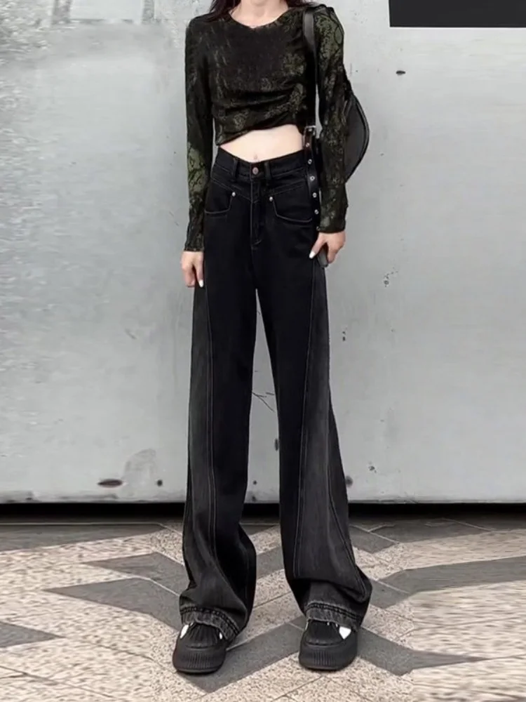 

High Waist Loose Wide Leg Jeans Women's plus Size Slimming Dark Grey Black Denim Pants Straight Cut Floor Length Casual Trousers
