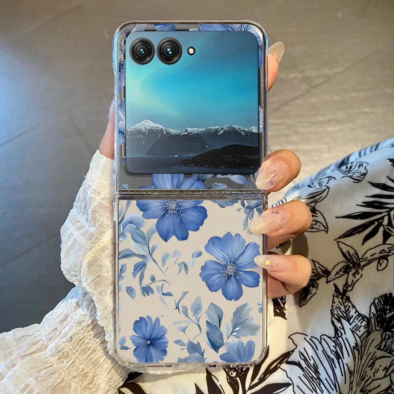 Handyhülle mit blauem Blumenmuster für Motorola Razr 60 50 40 Ultra Razr 60 Razr 50 Raz 40, stoßfeste, harte, transparente Klappabdeckung
