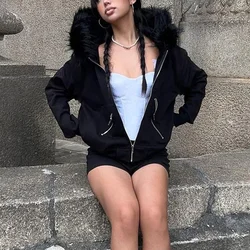 Goth Dark Faux Fur Collar Hooded Cardigans, Zip Up Hoodies, Gothic Grunge Pockets, Black Jackets, Female Y2k Streetwear, Autumn