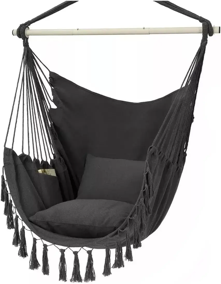 Hamaca Colgante, Silla Hamaca Colgante de Cuerda con Cojín y Barra de Metal, Silla Colgante al Aire Libre