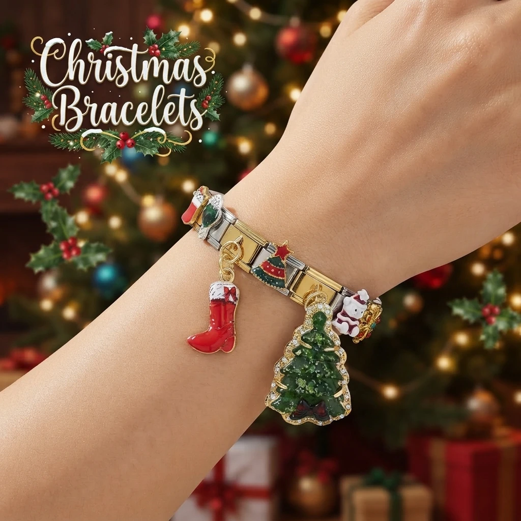 Christmas Italian Charm Bracelets Stainless Steel Enamel Christmas Tree Red Boots Wrist Jewelry Holiday Gifts for Women