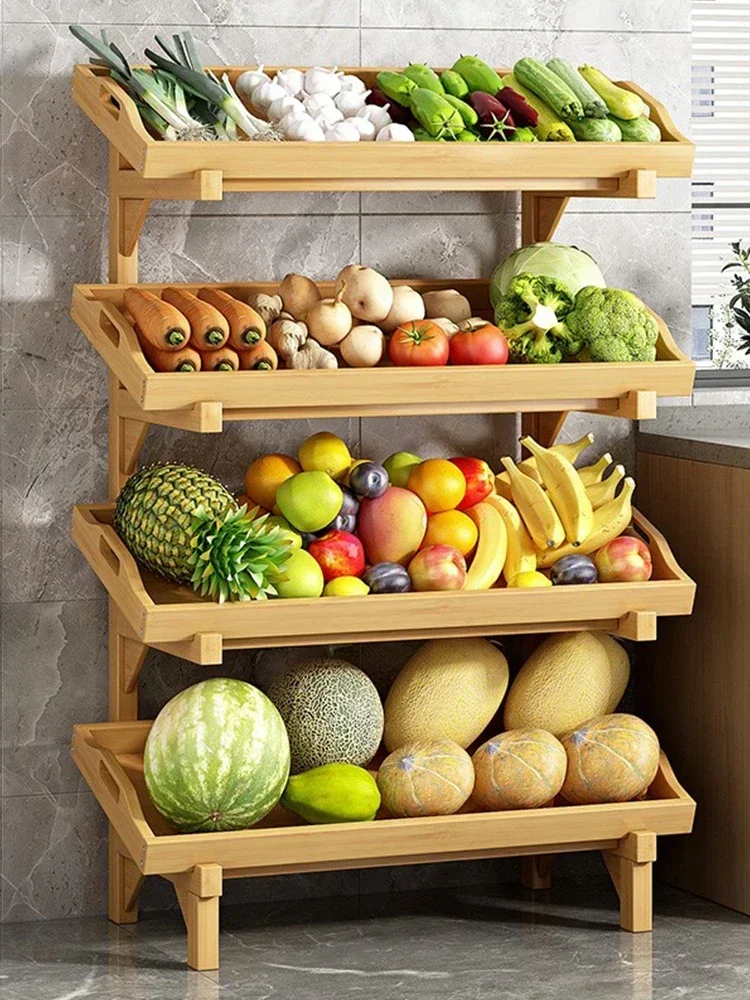 Kitchen fruit and vegetable multi-layer shelves, household simple vegetable rack against the wall, solid wood floor-to-ceiling s
