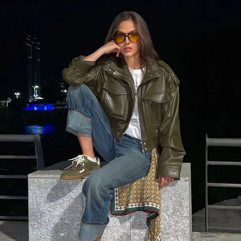 TFMLN, chaqueta recortada de piel sintética para mujer, abrigos Vintage gruesos de manga larga con cremallera para invierno 2025, ropa de calle para mujer