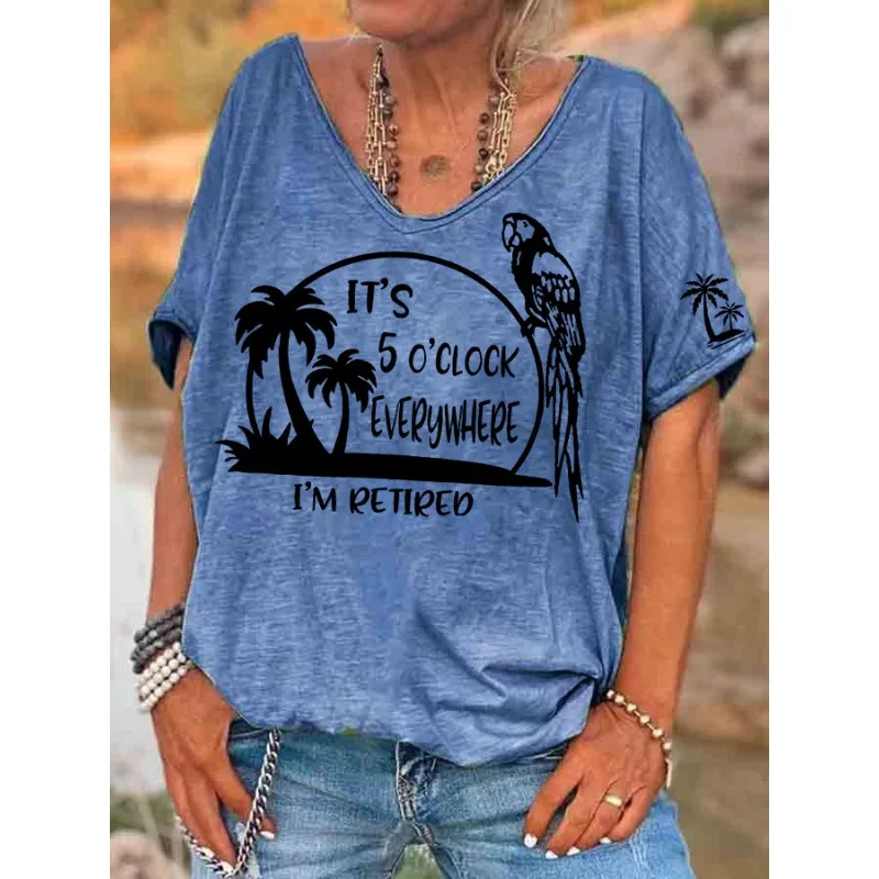 ilstile Women's Parrot Letter Print T-Shirts  Summer Music Featival Short Sleeve Casual Loose V Neck Tops Green Tees New Arrival