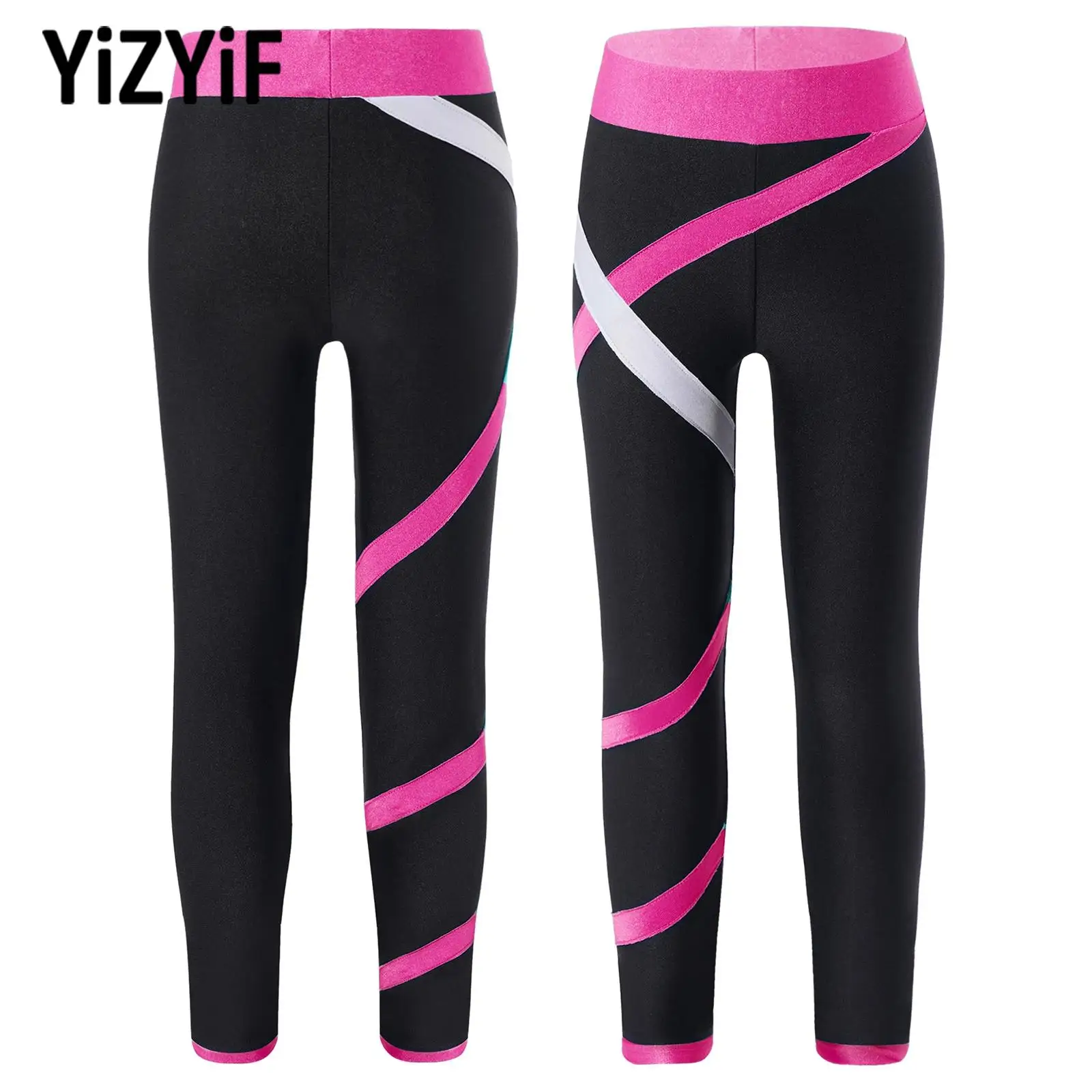 Kids Girls Figure Ice Skating Pant Color Block Close-fitting Stretchy Modern Dance Pant Workout Performance Sport Bottom Legging