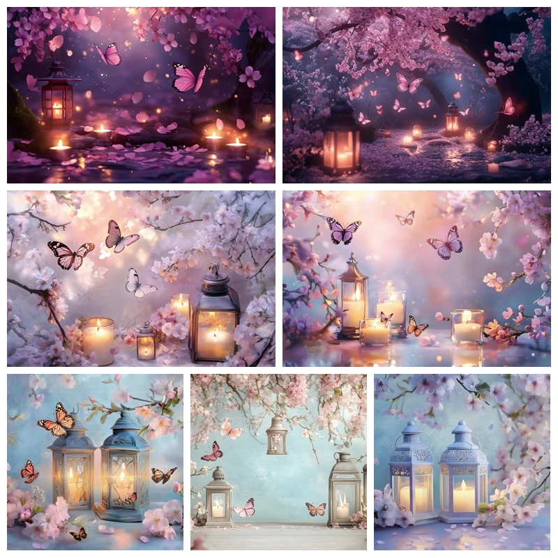 Butterfly Theme Photography Background Butterfly Candle Branch Flower Light Gradient Color Dreamlike Backdrop Photo Studio