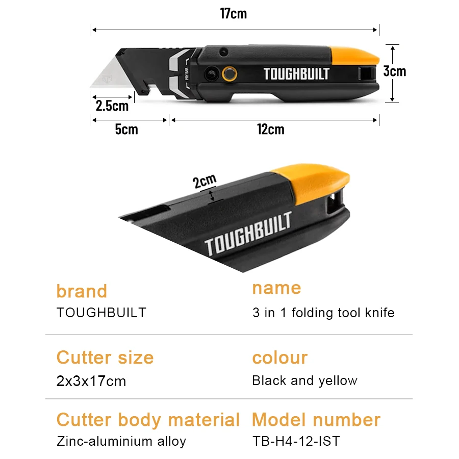 TOUGHBUILT TB-H4-12-IST 3-in-1 Pry Bar Utility Knife With Storage (contains 3 blades) Folding Tool Knife Household Cutting Knife