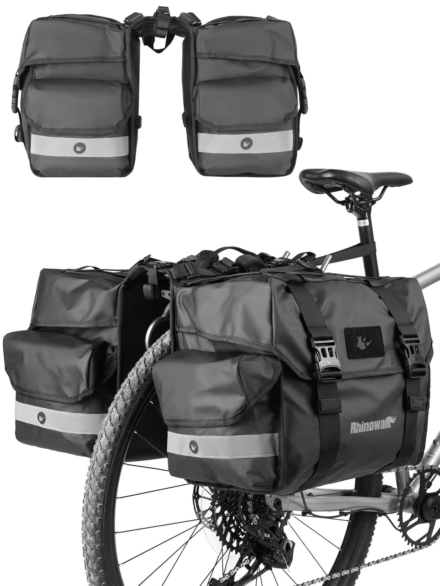 Rhinowalk Bike Pannier Bag Waterproof Bicycle Rear Rack Bag 22L 40L 50L Cycling Saddle Side Bag Expandable Luggage Reflective