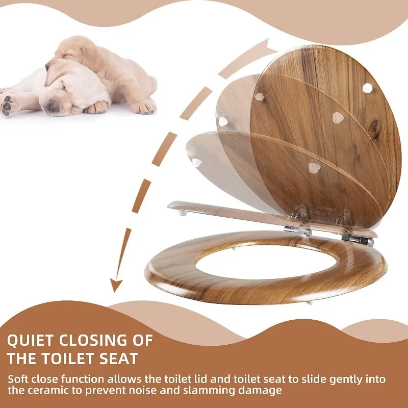 Round Toilet Seat Molded Wood Toilet Seat with Quietly Close and Quick Release Hinges, Easy to Install also Easy to Clean