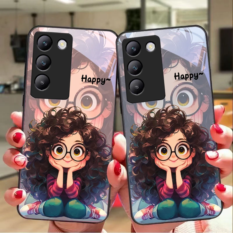 Curly haired girl For Y72 33S 11 03 36 96 Lite 35 16 Iqoo 12 V40 SE 5G 29 40 21 30 X80 Pro Vivo Tempered glass phone case black