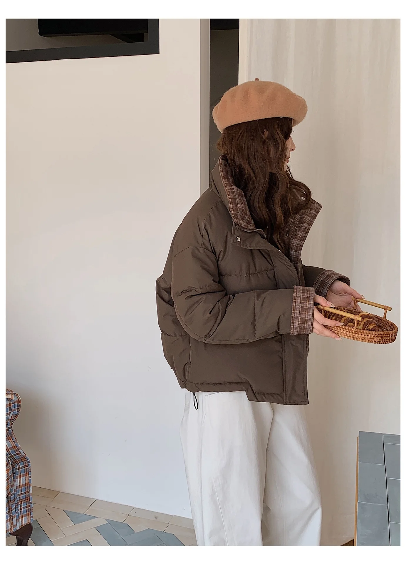 American Plaid Patchwork Puffer Jacket Women Winter Thick Stand Collar Short Parkas Woman Korean Casual Preppy Style Outerwear