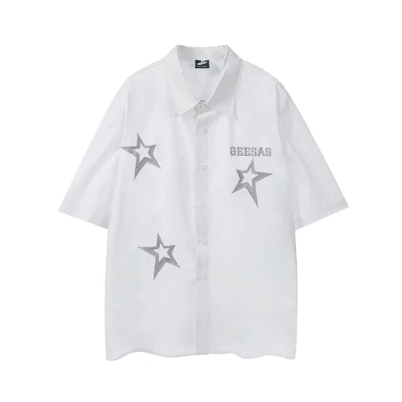 Hip Hip Five-pointed Star Black Shirts Mens Oversized Solid Blouses Cute Button Up Shirt Y2K Streetwear Harajuku Couples Summer