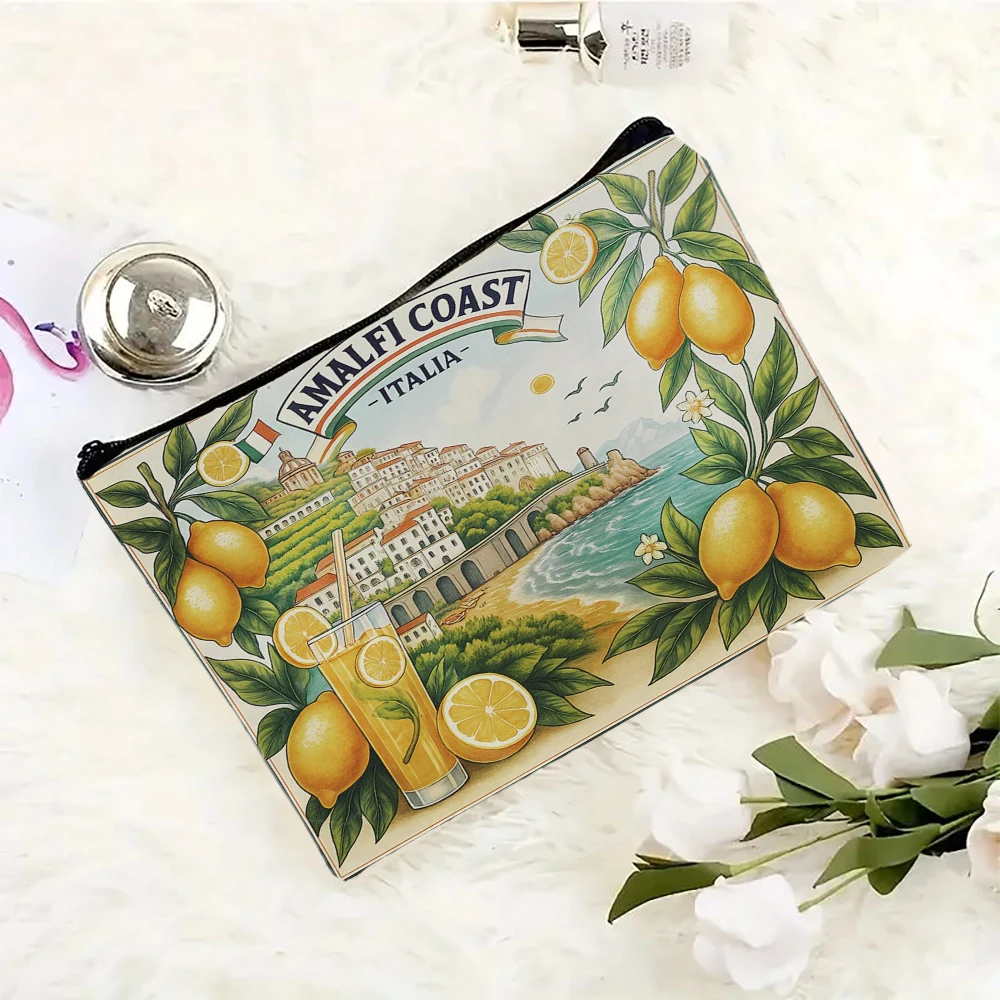1pc Amalfi Coast Zipper Pouch - Vibrant Italian-Themed Bag with Lemon & Coastline Design, Durable & Fade-Resistant