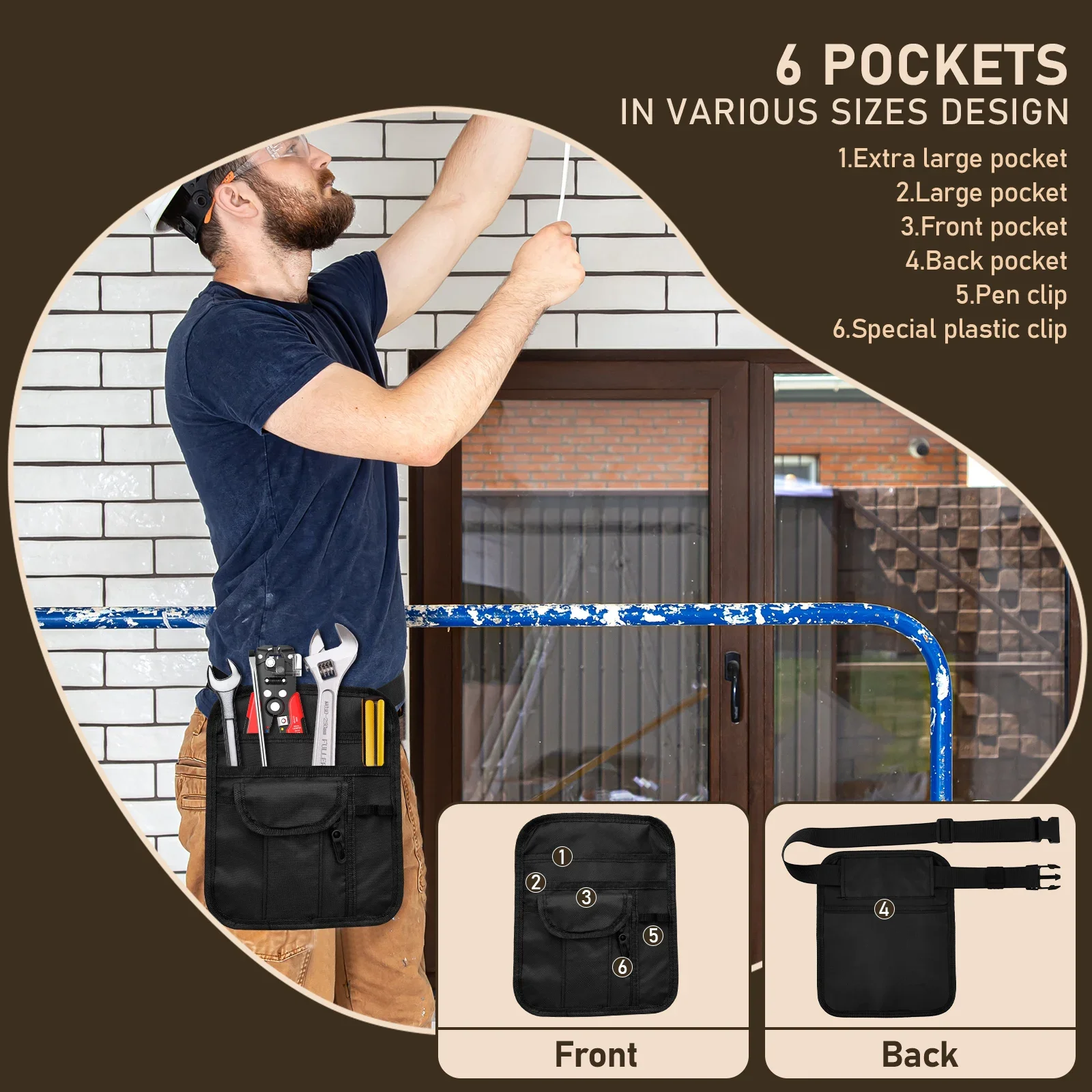 Server Apron Waist Pouch Oxford Cloth Waist Tool Pouch Bag with Adjustable Belt and Secure Buckle Multi Pocket Utility Money Bag