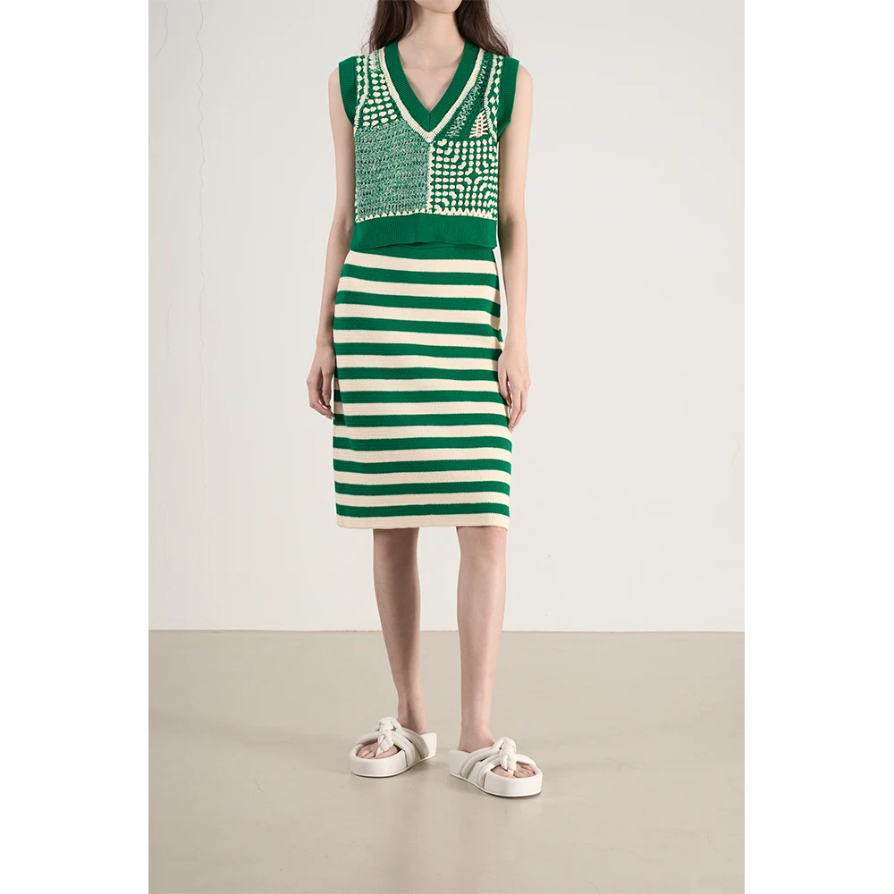 

Romantic Lace Hollow out Knitted Cotton Vest And Stripe Skirt Set Pure Cotton Knitted Romantique Sle Women's Faion