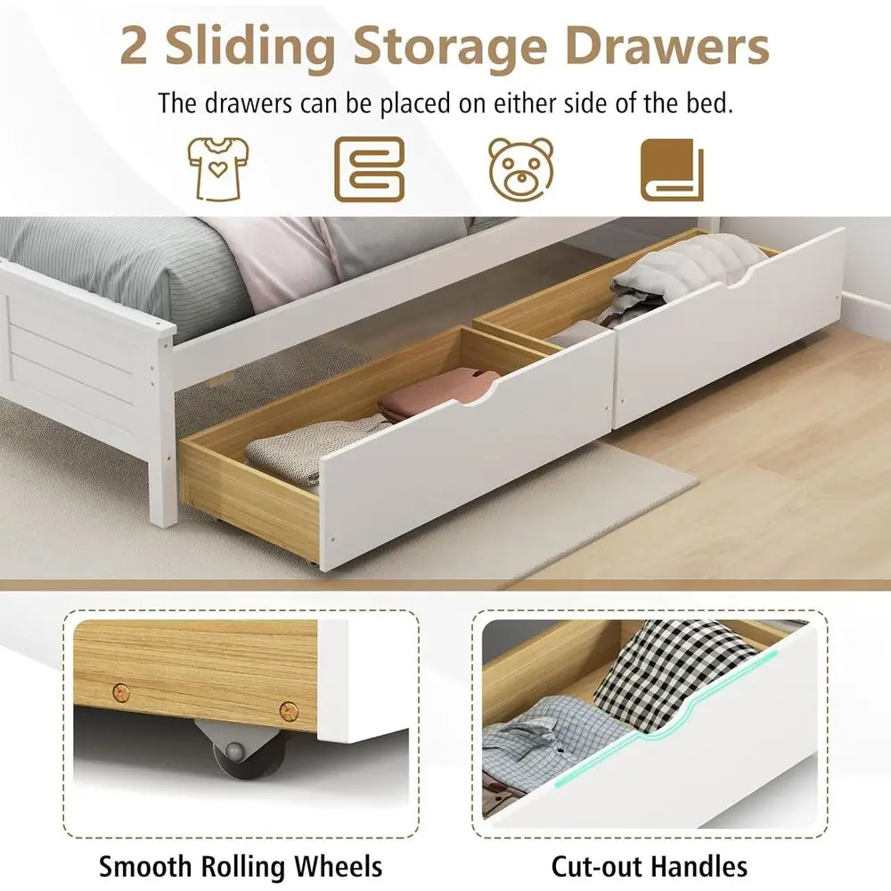 إطار سرير خشبي مزدوج من منتصف القرن مع مساحة تخزين، تصميم منصة، لوح رأسي متضمن، لا حاجة إلى صندوق زنبركي، سهل التجميع