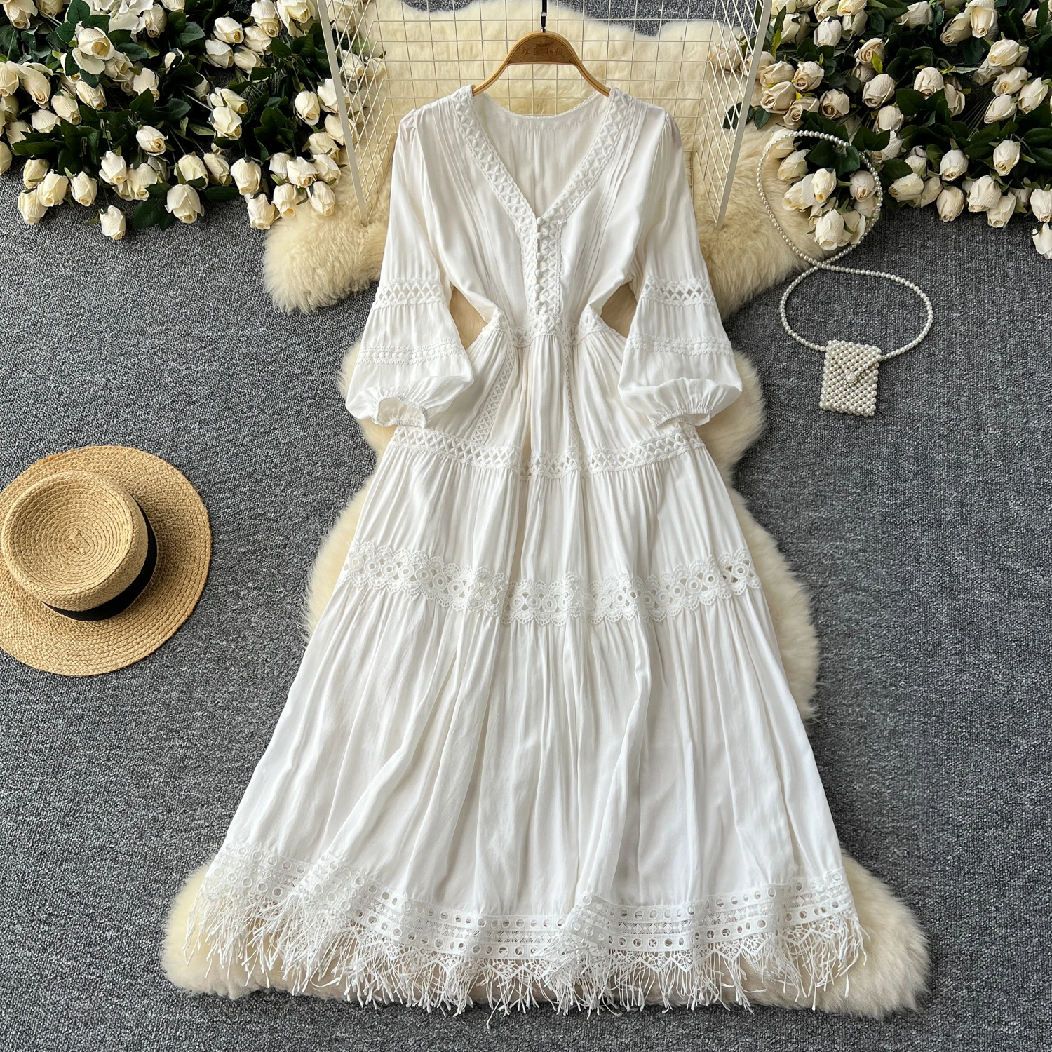 

sweet cut out lace PATCHWORK v neck tassels Dress French Party Elegant Summer Sexy Slim Women dresses