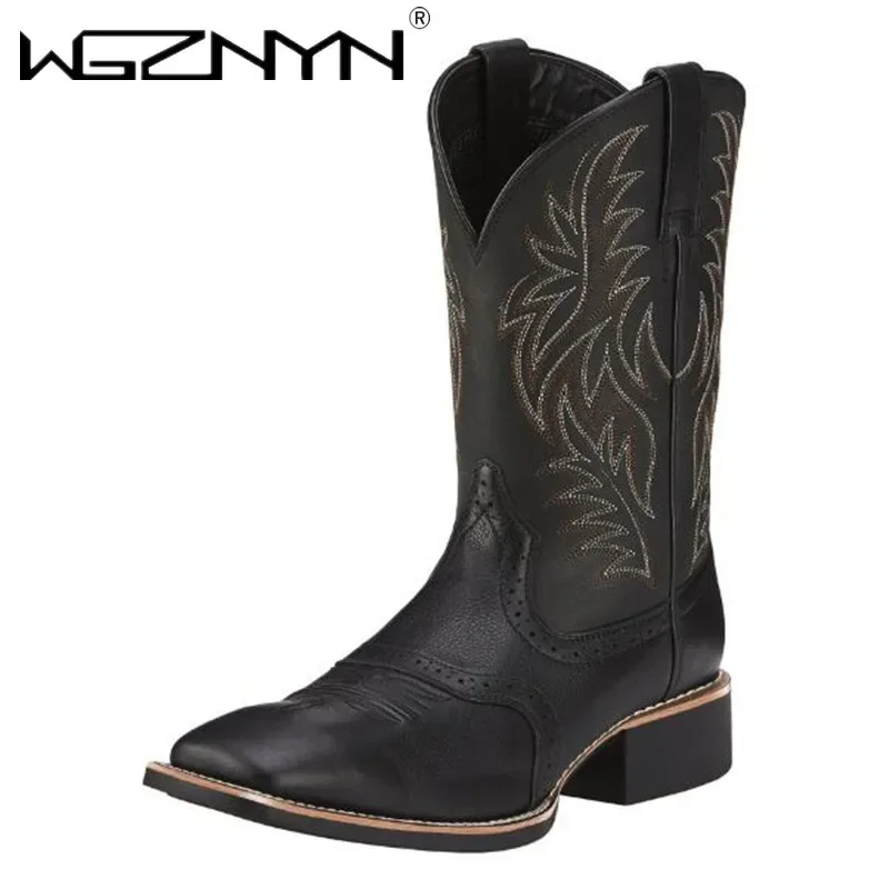 Men High Boots Embroidery Retro Handmade Designer Mens Western Cowboy Pointed Toe Boot Hand Stitching Outdoor Goth Men's Shoes