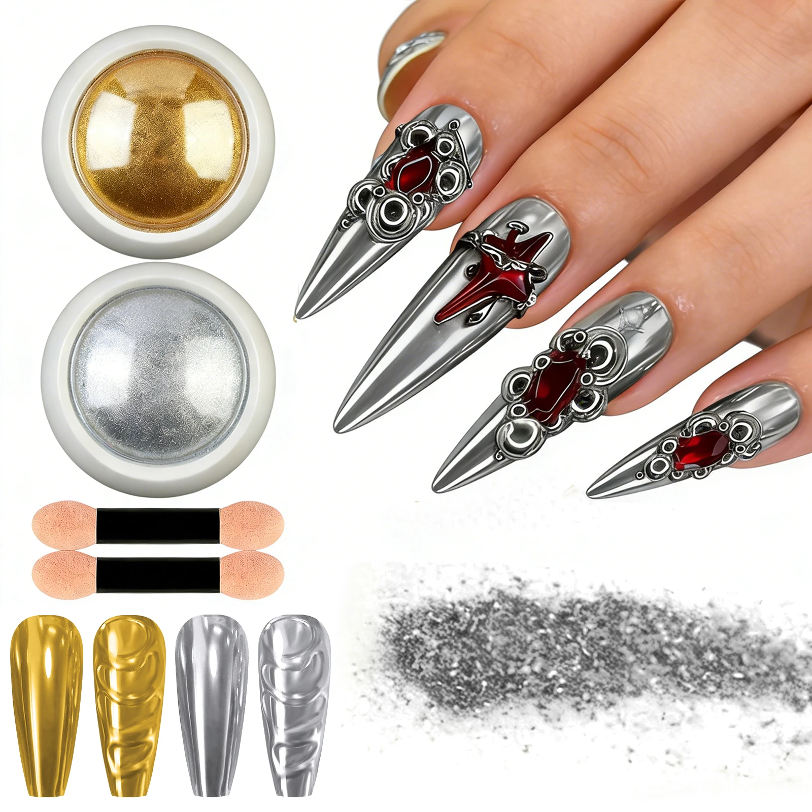 Mirror Chrome Nail Powder Set Silvery/Golden Metallic Nail Glitter Pigment with Sponge Brush for Manicure Salon Art Decoration