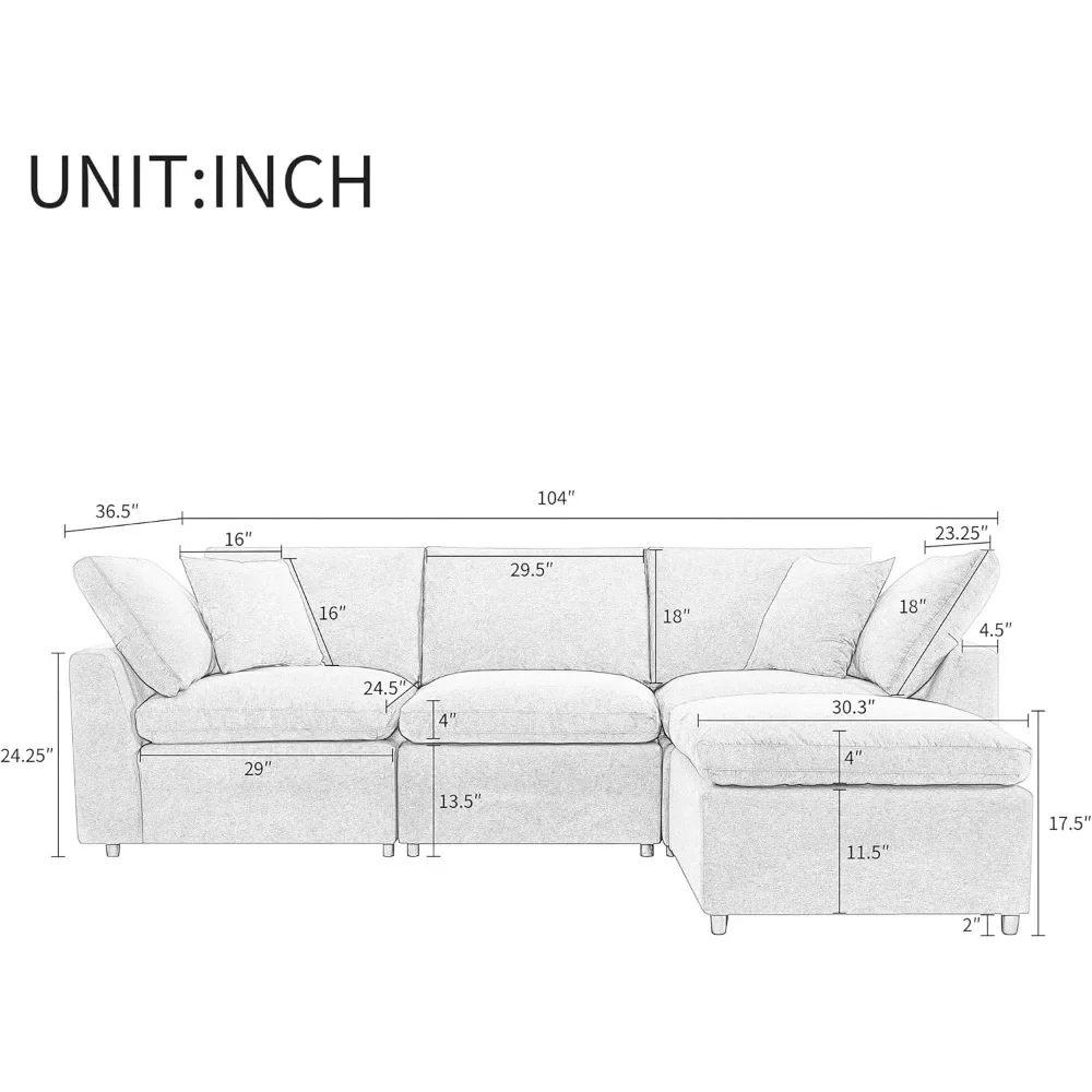 Down Filled Convertible Modular Sectional Sofa, Modern Modular 3-Seat L-Shape Sofa Couch with Convertible Ottoman