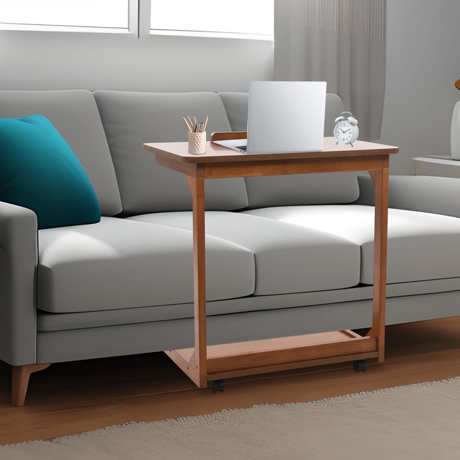 

60cm C Table with Wheels, 2 Tier Small End C Shaped Desk with Storage Adjustable Desktop for Couch Reading Living Room Bedroom