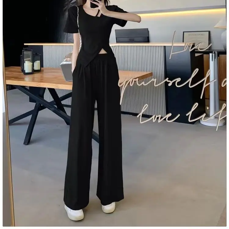 Summer new high-end niche irregular fashion suit loose high waist slim fit fashionable wide leg pants two-piece set