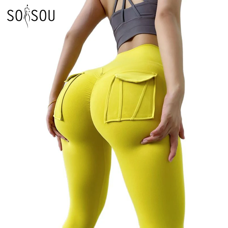 SOISOU Nylon Leggings Women\'s Pants Sport Yoga Pants Sexy Tight High Waist Elastic Women\'s Panties Pocket legging mujer