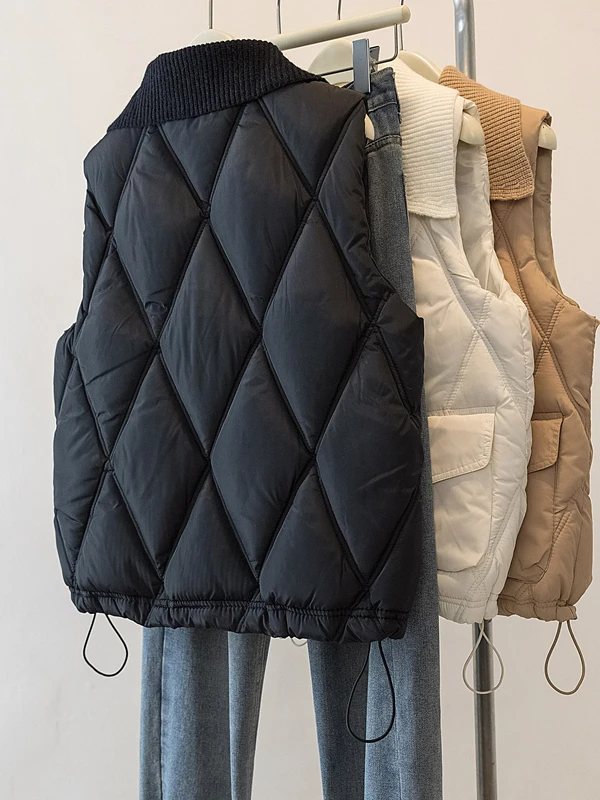 우아한 다이아몬드 패턴 라펠 조끼 아우터웨어 루즈 슬리브리스 숄더 패드 여성용 2025 가을 겨울 두꺼운 면 코트