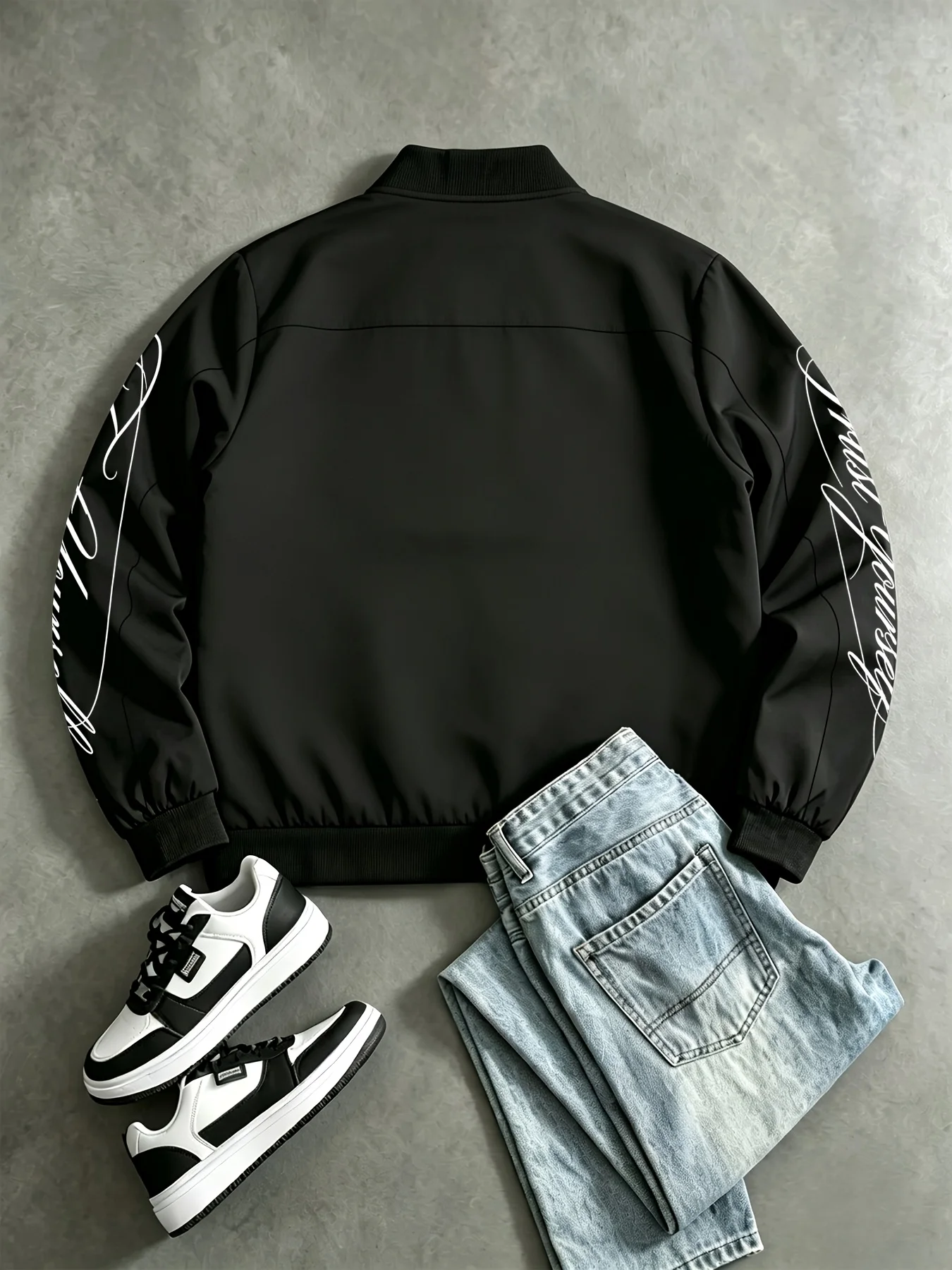 Men’s Stand-Up Collar Zip-Up Er Jacket; Baseball Top with ‘Trust Yourself’ in Cursive English on the Sleeves Men Jacket