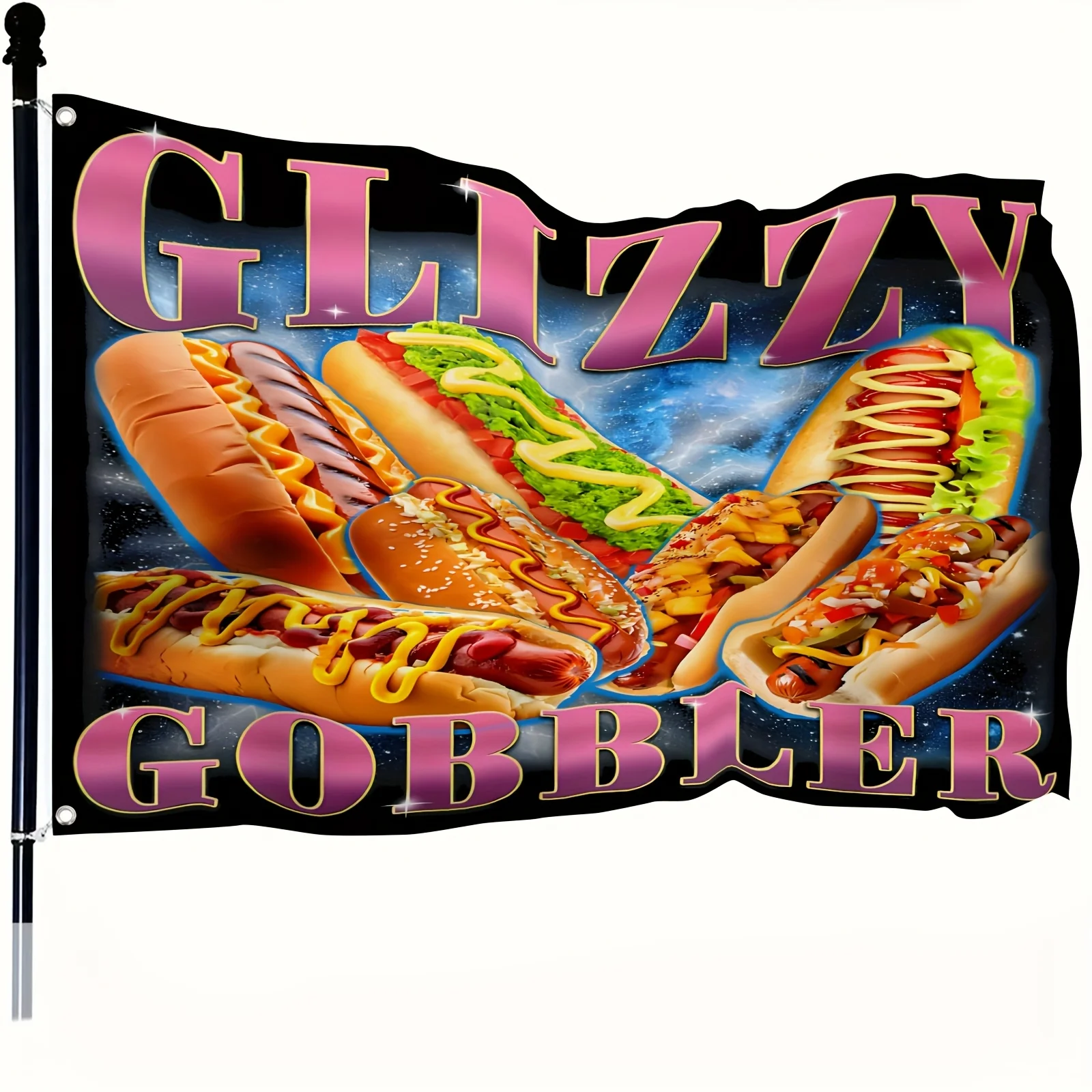 1pc Funny Glizzy Gobbler Meme Flag Hilarious Hot Dog Design with Condiments Polyester Indoor Outdoor Decoration
