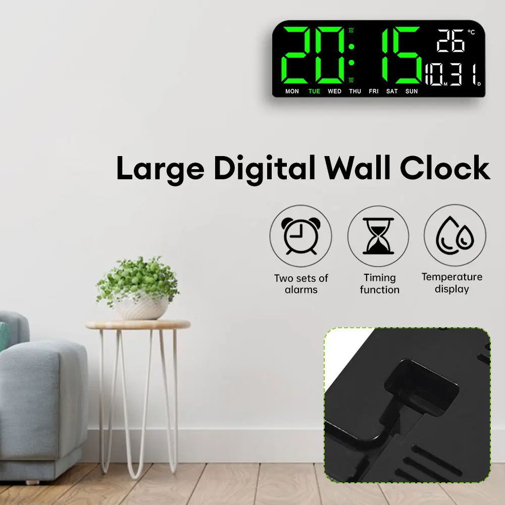 Large Digital Wall Clock Temp Date Week Display Remote Control Power Off Memory Table Clock Wall-mounted Dual Alarms LED Clocks