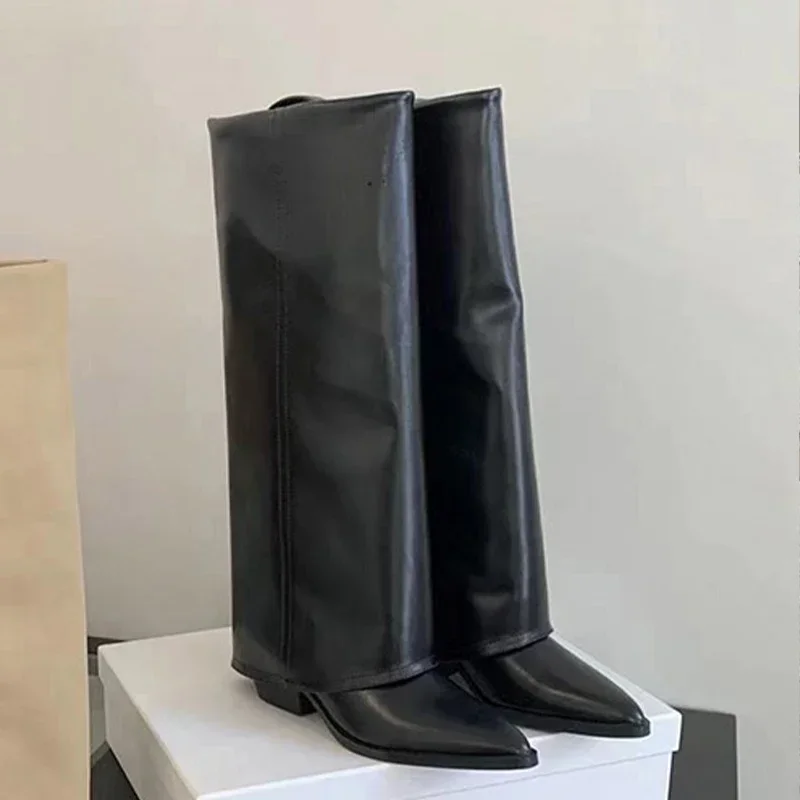 Women's Boots Knee High Heels Leather Chunky Fashion Shoes Pointed Toe Snow Long Boots New Design Pumps Punk Chelsea Botas Mujer