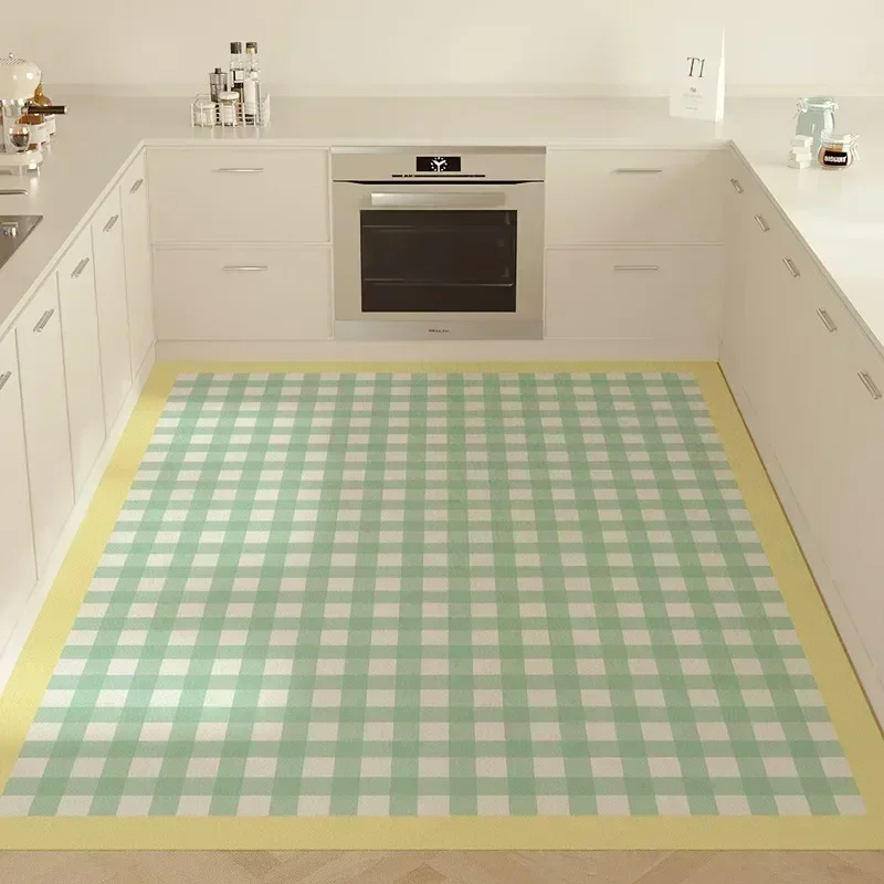 Carpet for Kitchen Floor Mat PVC Leather Waterproof Oil-proof Carpets Large Non-slip Foot Mats Green Plaid Home Decoration Rug