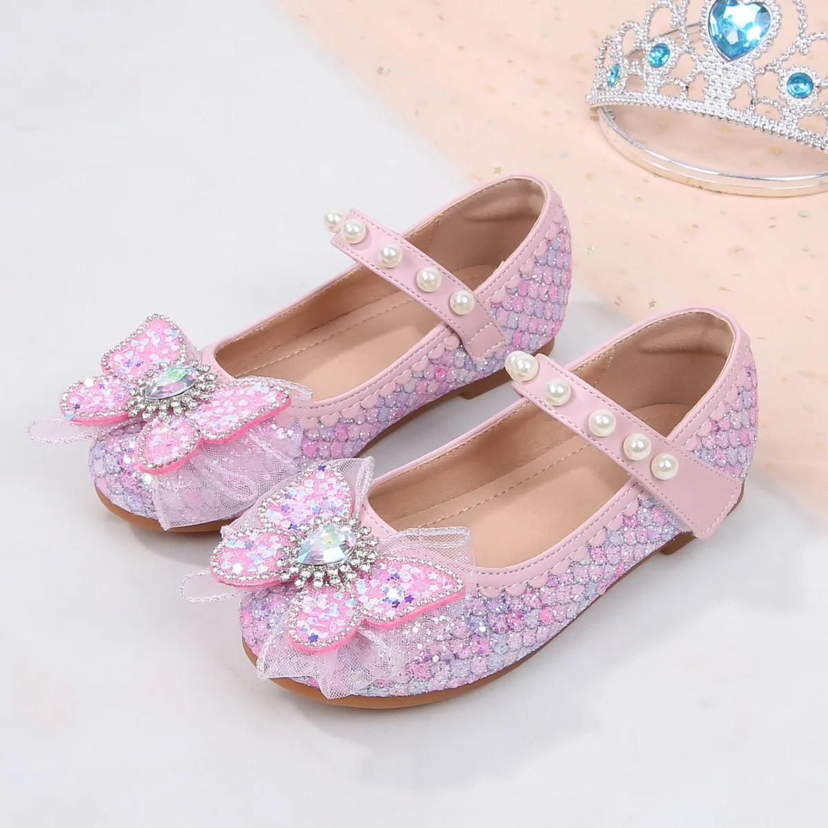 Girls Princess Shoes 2025 Spring Summer New Children's Soft Sole Crystal Shoes Bowknot Student Party Dance Performance Shoes