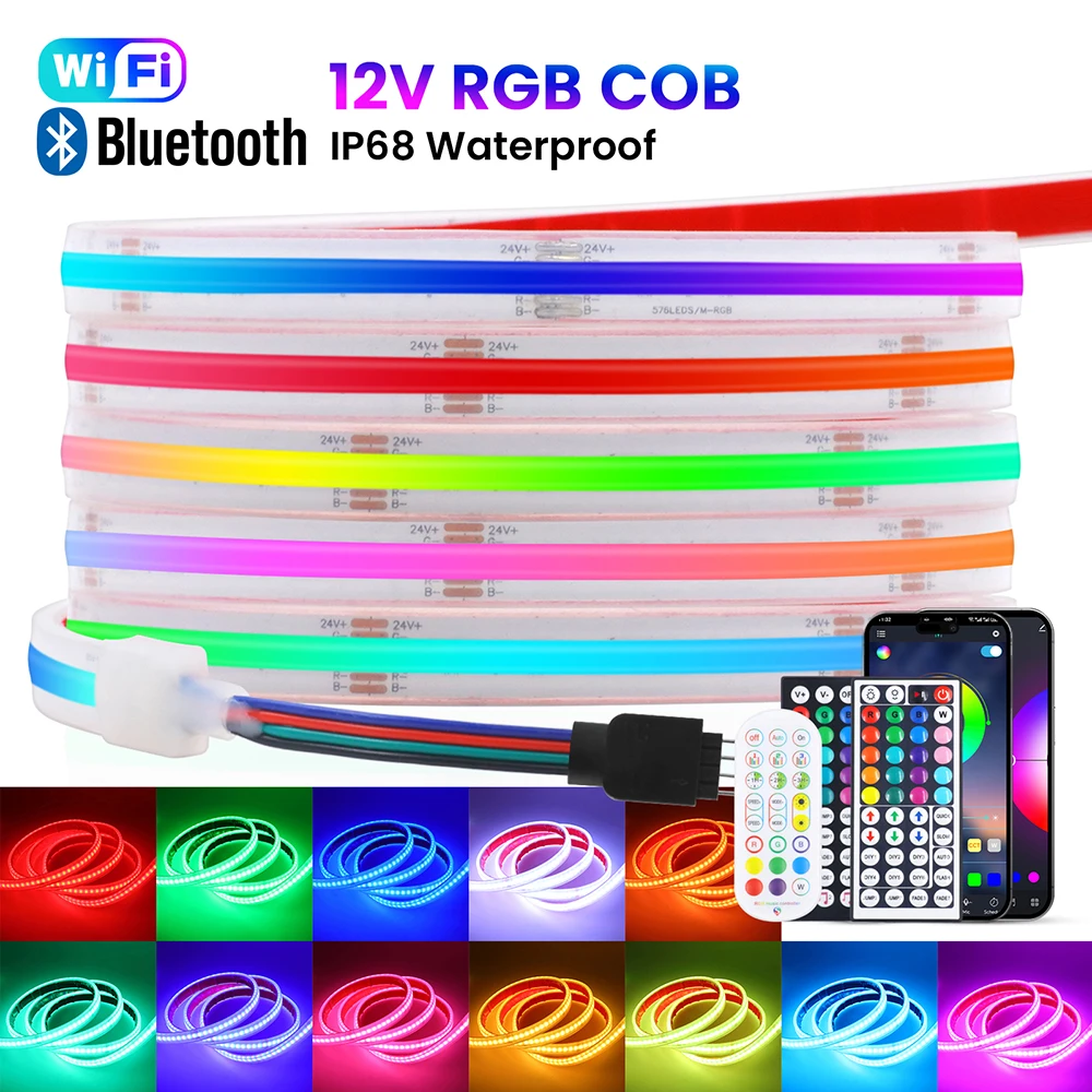 12v-rgb-cob-ledストリップライト-wifi-bluetoothリモコン電源キット-576led-フレキシブルシリコンチューブランプ装飾-ip68防水