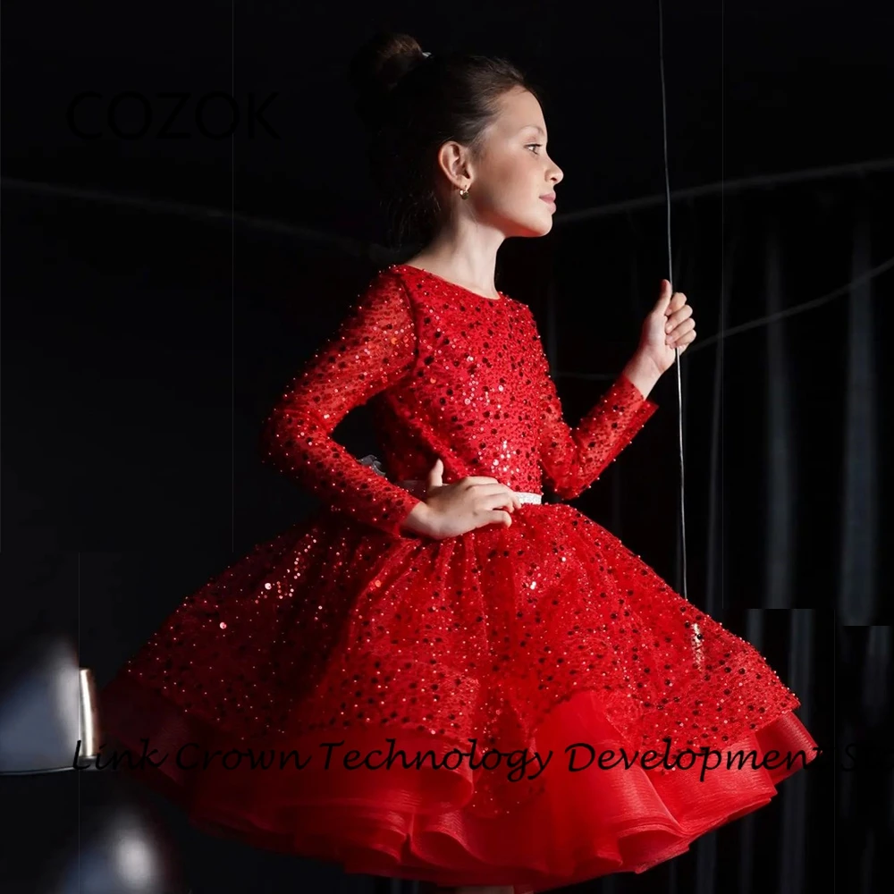 

COZOK Red Scoop Flower Girls Dresses with Sequined A Line Christmas Dresses for Princess 2024 Summer New فستان عيد الميلاد