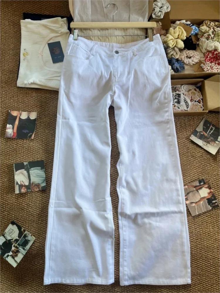 Vintage White Jeans Women Summer Casual All-match Back Pockets Cotton Straight Denim Long Pants Female Simple Basic Y2K Trousers