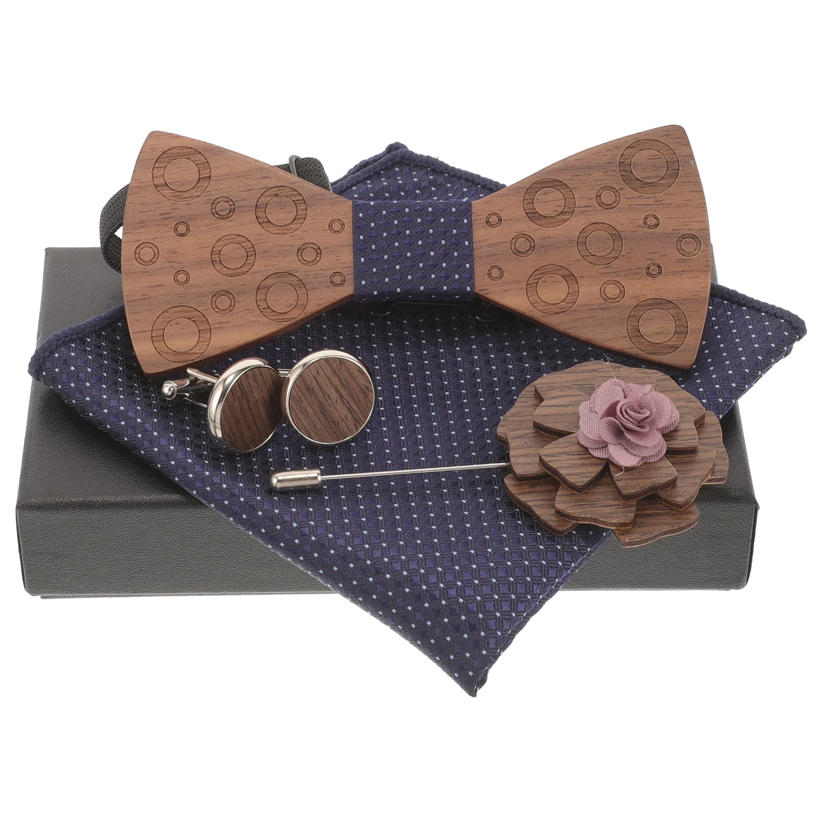 1 مجموعة خشبية ربطة القوس فيونكة منديل مجموعة للرجال الزفاف العريس دعوى الإكسسوارات سهرة أزرار أكمام التلبيب دبوس رجل بووتيس العريس هدية
