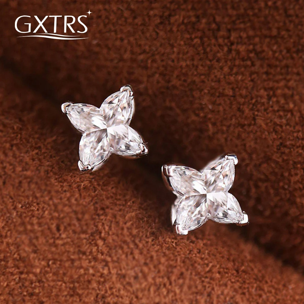 

GXTRS Real Moissanite Stud Earrings For Women S925 Silver Four Leaf Clover Lab Diamond Wedding Party Ear Studs Fine Jewelry Gift