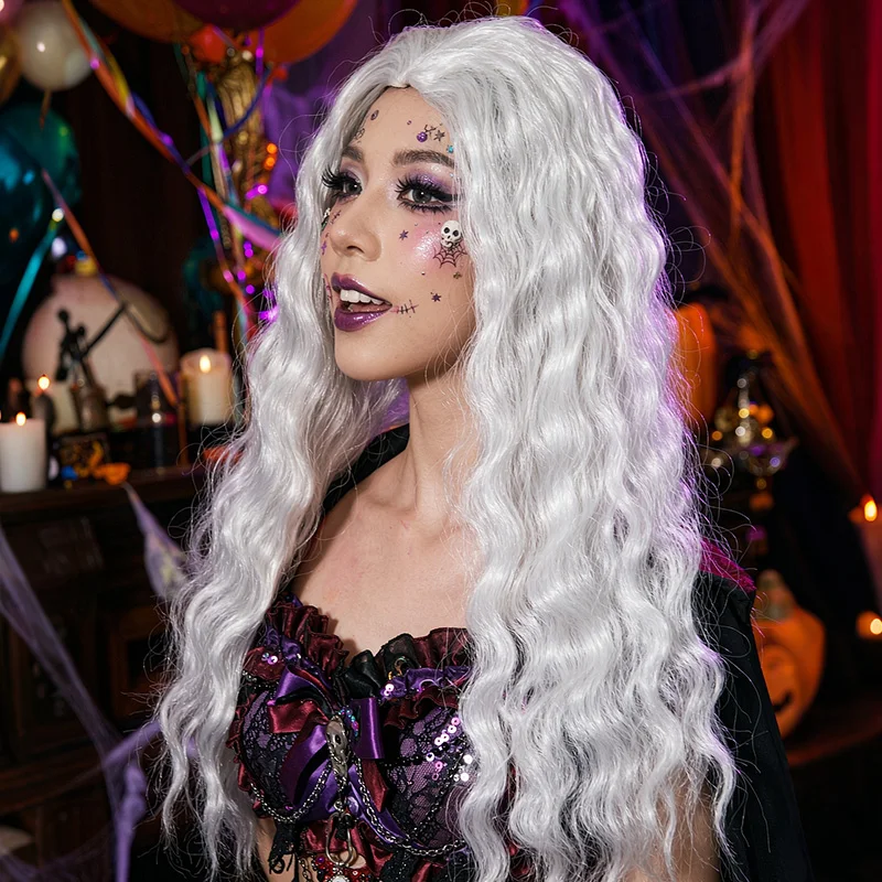 Synthetic White Long Fluffy Curly Wavy Middle Part Full Wig Unisex For Cosplay Halloween Carnival Costume Party Dress Up