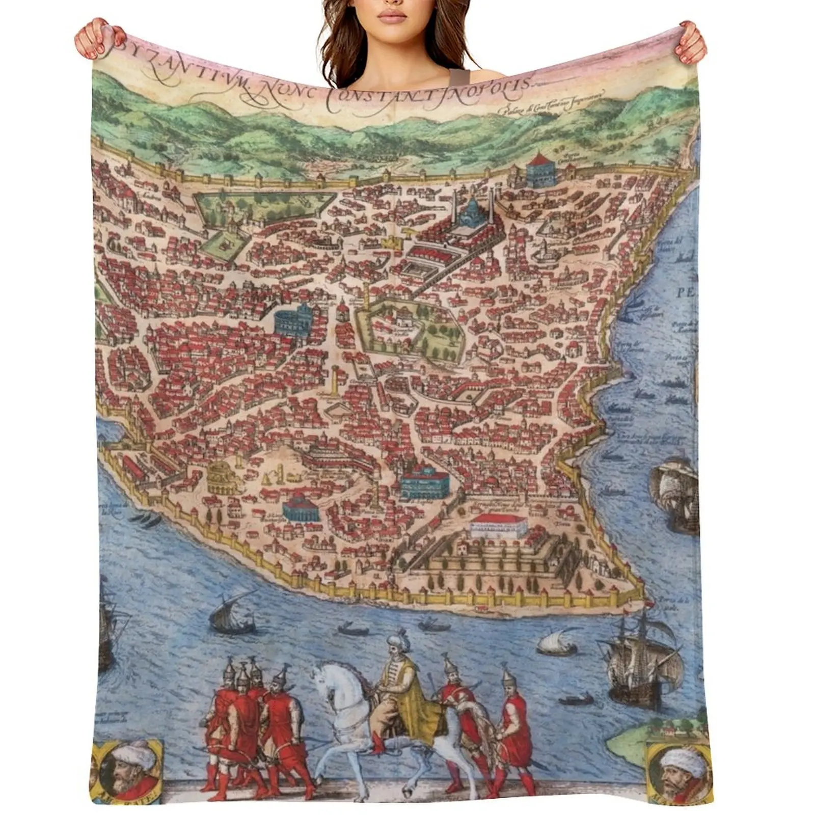 

1572 bird's eye view map of Constantinople - Georg Braun & Frans Hogenberg Throw Blanket Luxury Throw Large Blankets