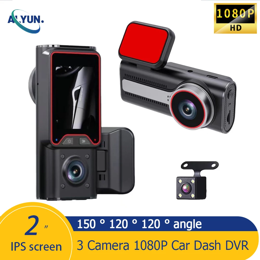 2''IPS Dash Cam 3way Driving Recorder Reversing Image Night Vision Fill-In Light HD 1080P Wide-Angle Dvr Car Charge Black Box